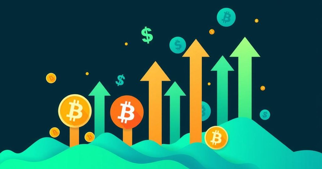 A conceptual illustration of digital currency trends showing up arrows and fiat symbols, with a vibrant colour scheme.