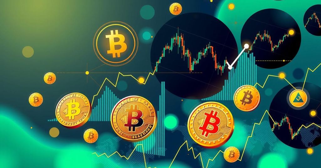 A vibrant digital art depicting the concept of cryptocurrency, featuring graphs, charts, and Bitcoin symbols in bright colours.