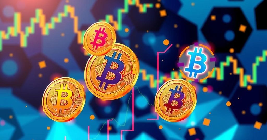 A vibrant digital art piece showcasing Bitcoin symbols amidst abstract financial graphs, in a modern geometric style.
