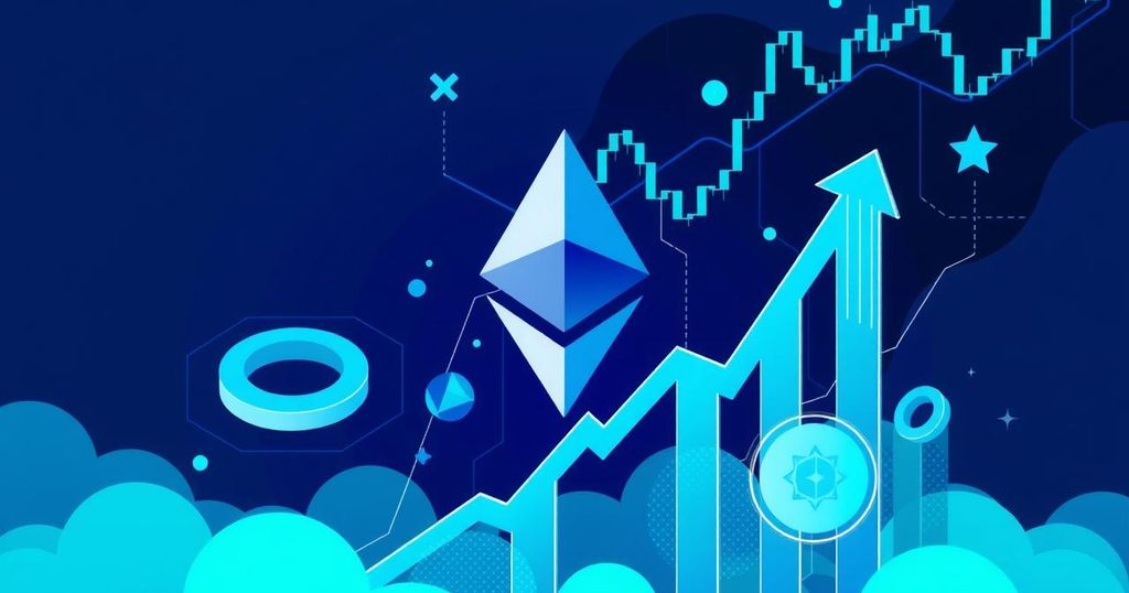 Ethereum symbol with vibrant upward trend and ETF graphics, representing cryptocurrency market dynamics and growth.