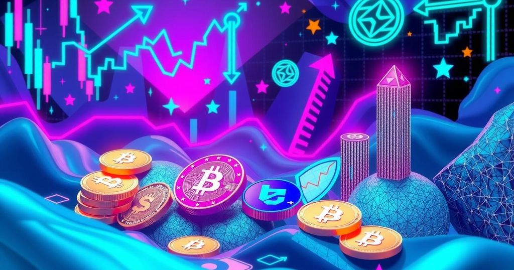 A bold digital landscape illustrating cryptocurrency growth, featuring tokens and coins with vibrant colour hues.