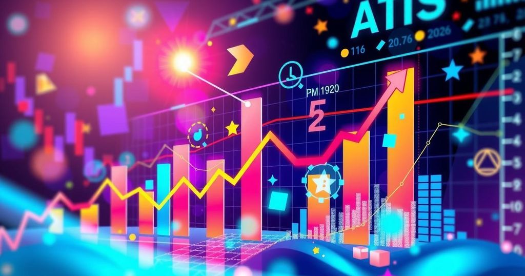 A vibrant stock market scene showing bold charts and rising graphs, symbolizing financial growth and innovation.