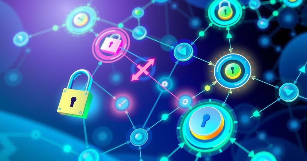 A dynamic digital art representation of a blockchain with strong security features and scalability highlights in blue and green shades.