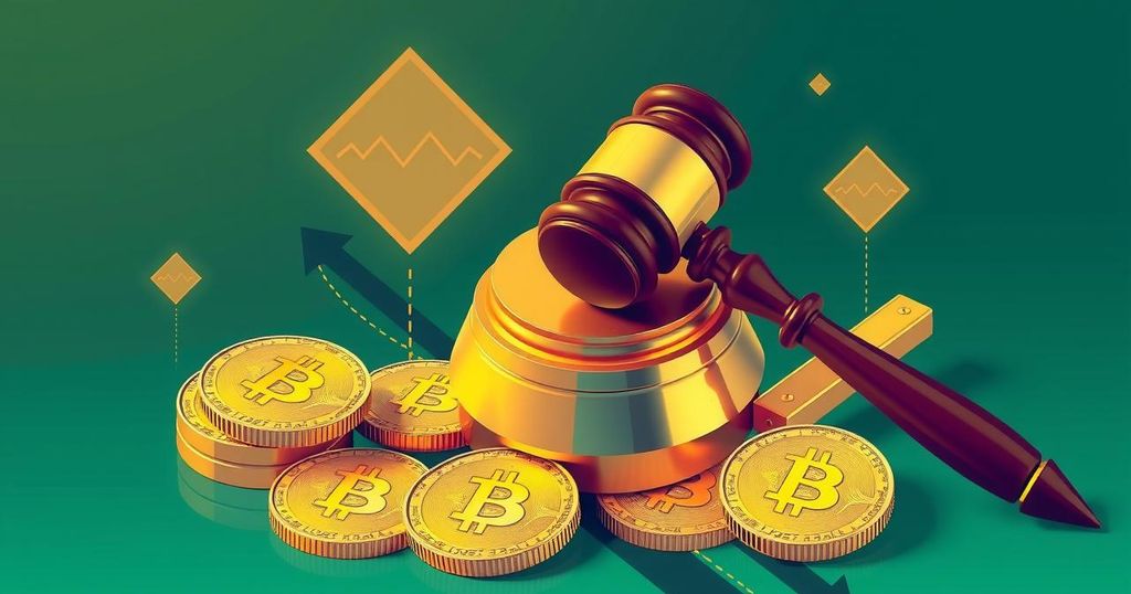 A symbolic representation of cryptocurrency legislation with a gavel and coins.