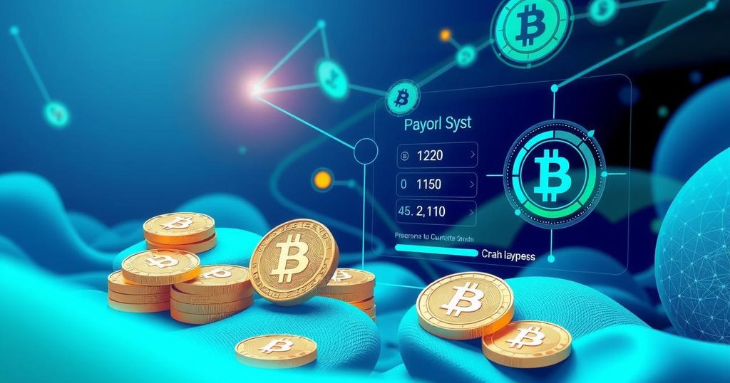A futuristic digital landscape showcasing crypto coins and payroll systems, in a modern artistic style with vibrant blue and green tones.