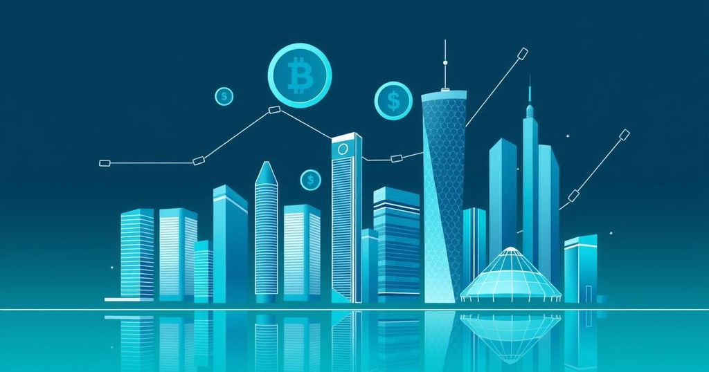 A digital representation of blockchain integration with a modern urban skyline and abstract crypto symbols, in blue and green tones.