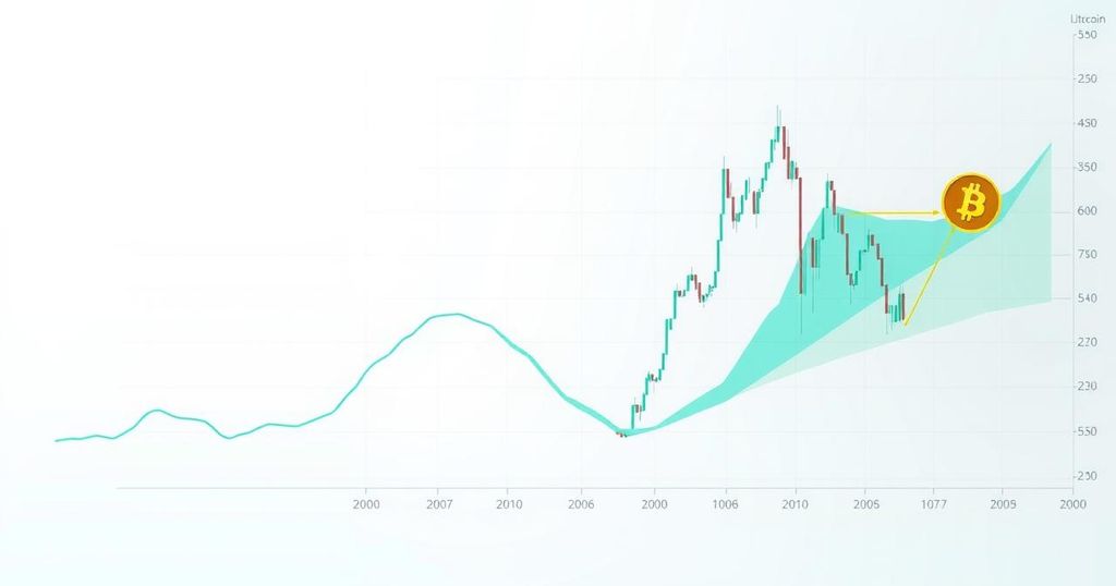 A graph illustrating the price correlation between Litecoin and Bitcoin, featuring green and blue lines with a modern design.