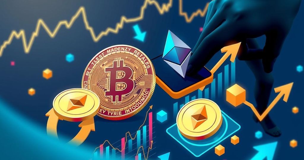 A vibrant digital representation of cryptocurrency trends featuring Bitcoin and Ethereum visuals, using modern graphics, blue tones.