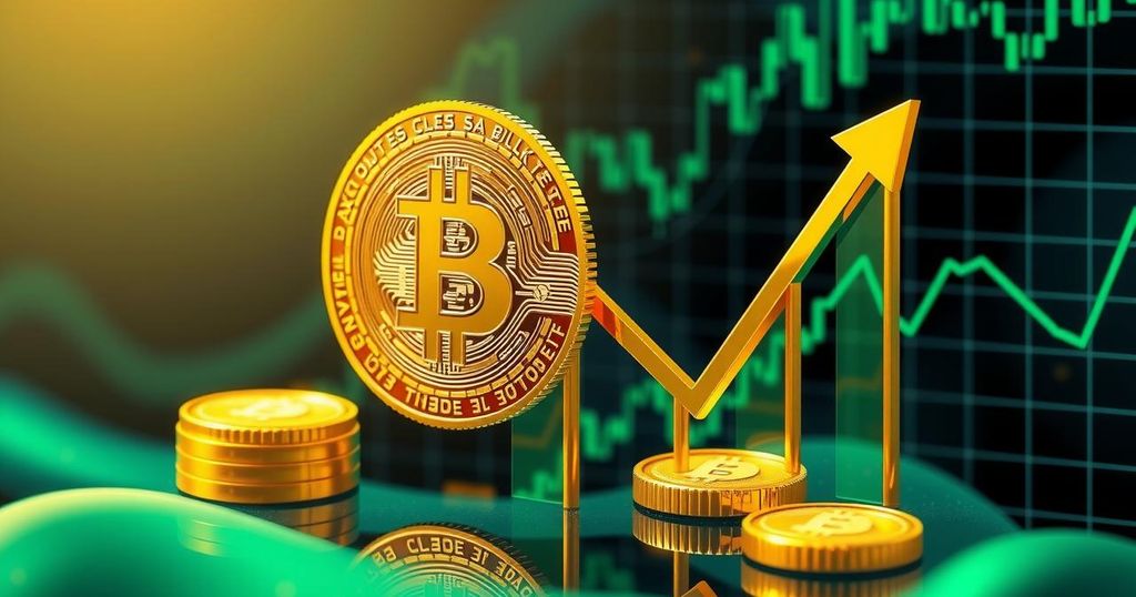 A digital artwork of a bullish Bitcoin trend with graphs and symbols in green and gold tones.