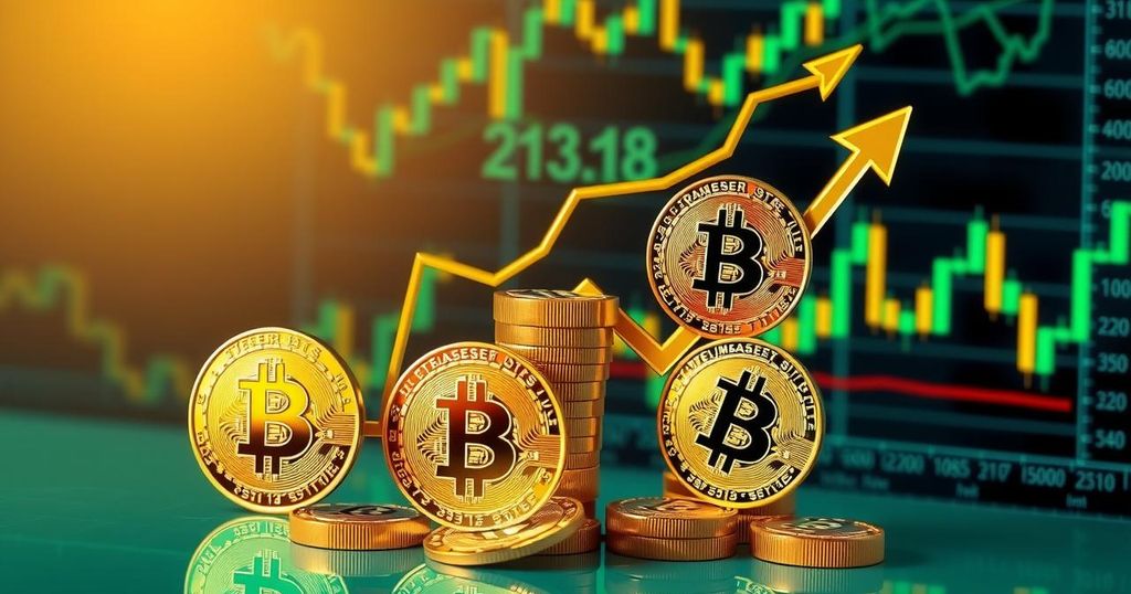 A dynamic cryptocurrency concept illustration showcasing rising Bitcoin values and traditional finance integration.