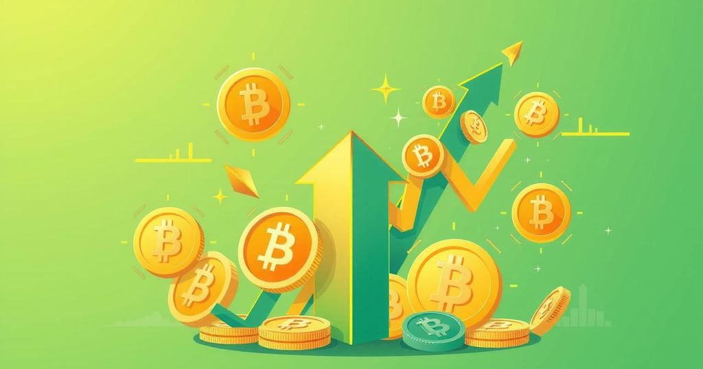 A vibrant digital art piece showcasing abstract cryptocurrency symbols with a growing upward trend, in bright colours.