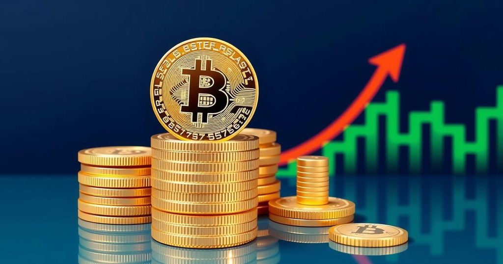 Golden cryptocurrency coins stacked with a rising graph backdrop, illustrating bullish market trends and financial growth.