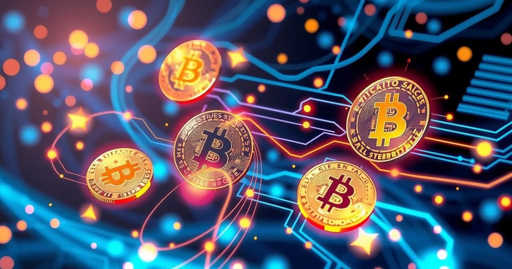 An abstract representation of cryptocurrency, featuring coins, digital elements, and vibrant colour schemes.