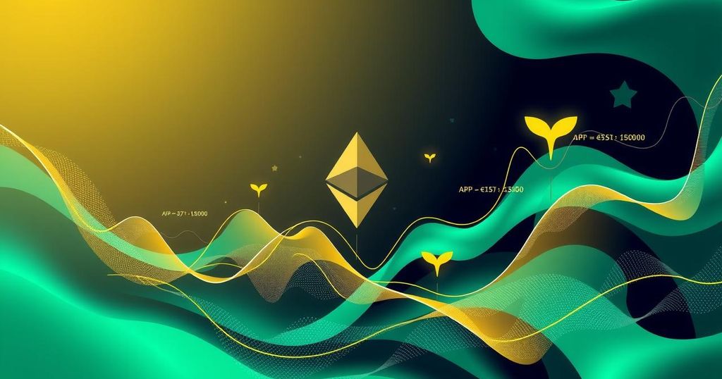 Abstract representation of cryptocurrency trends with Ethereum symbol, bar graphs, and whale motifs in green and gold tones.