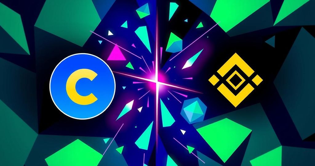 A tense representation of cryptocurrency exchanges with symbolic elements of competition and secrecy in a digital space.