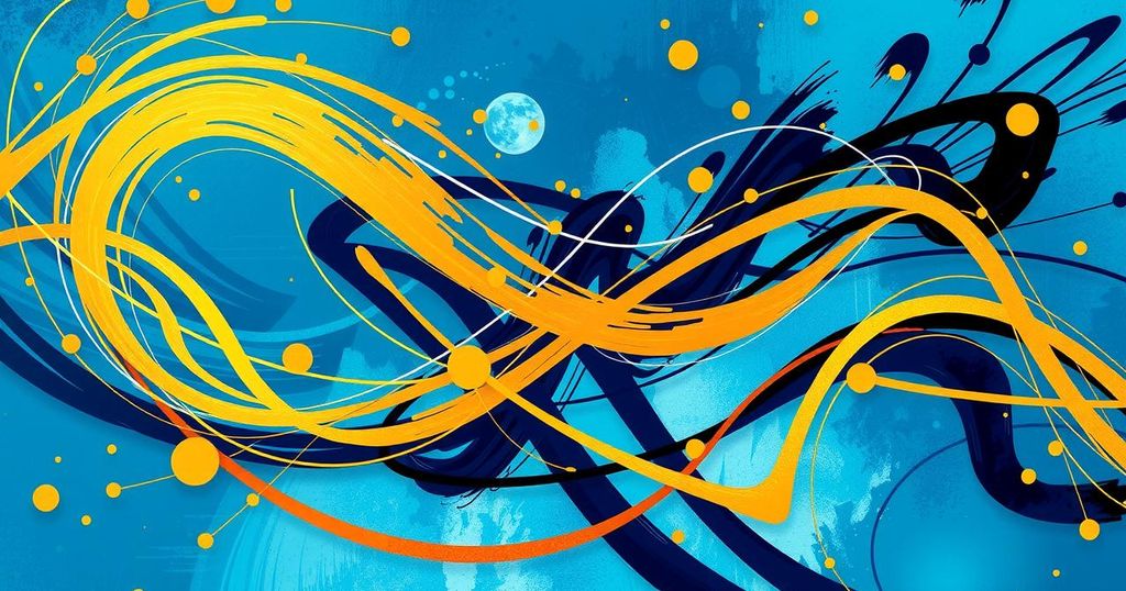 A vibrant, abstract image symbolising cryptocurrency with swirling lines of gold and blue, expressing market volatility.