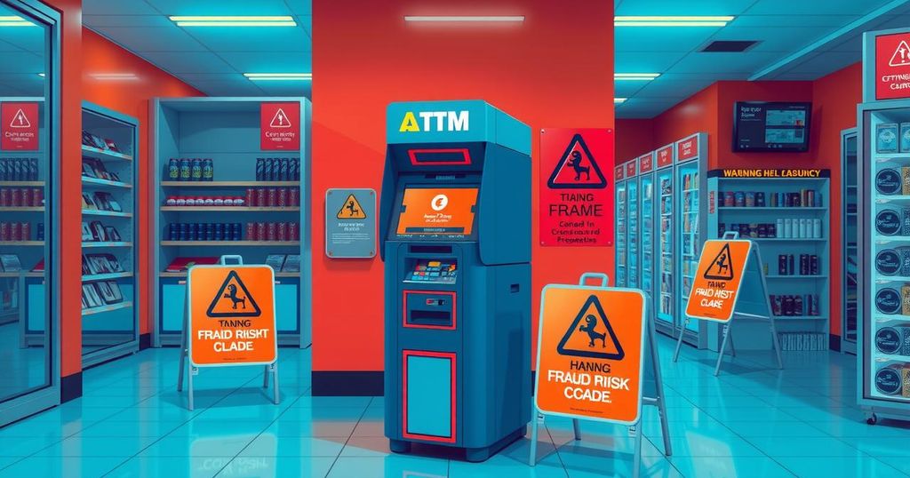 A cryptocurrency ATM in a convenience store with warning signs about fraud risks, in a modern artistic style and vibrant colours.
