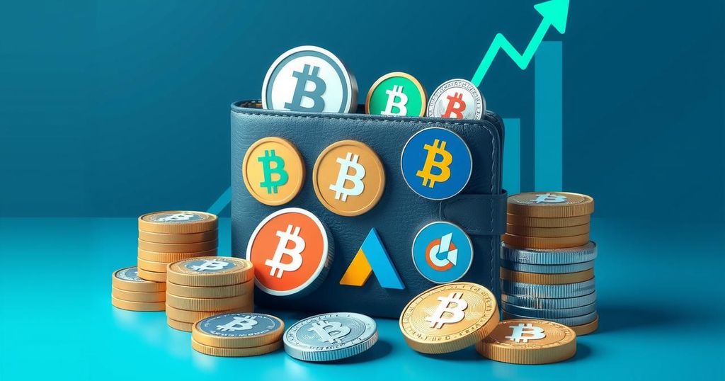 A digital wallet displaying various cryptocurrencies surrounded by coins and a graph indicating growth, highlighting crypto payroll.