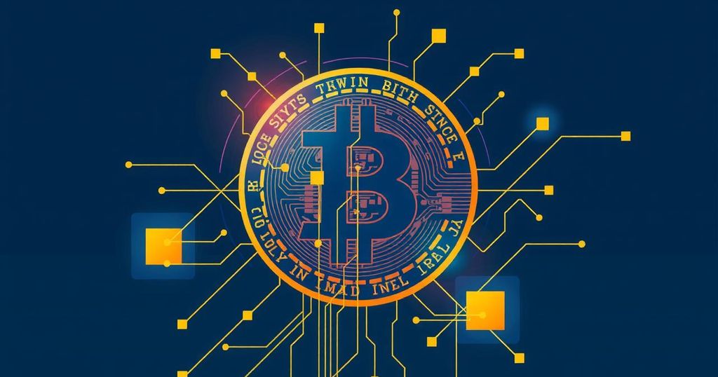 A digital representation of Bitcoin symbolising autonomy and transparency, in a modern minimalist style with blue and gold tones.