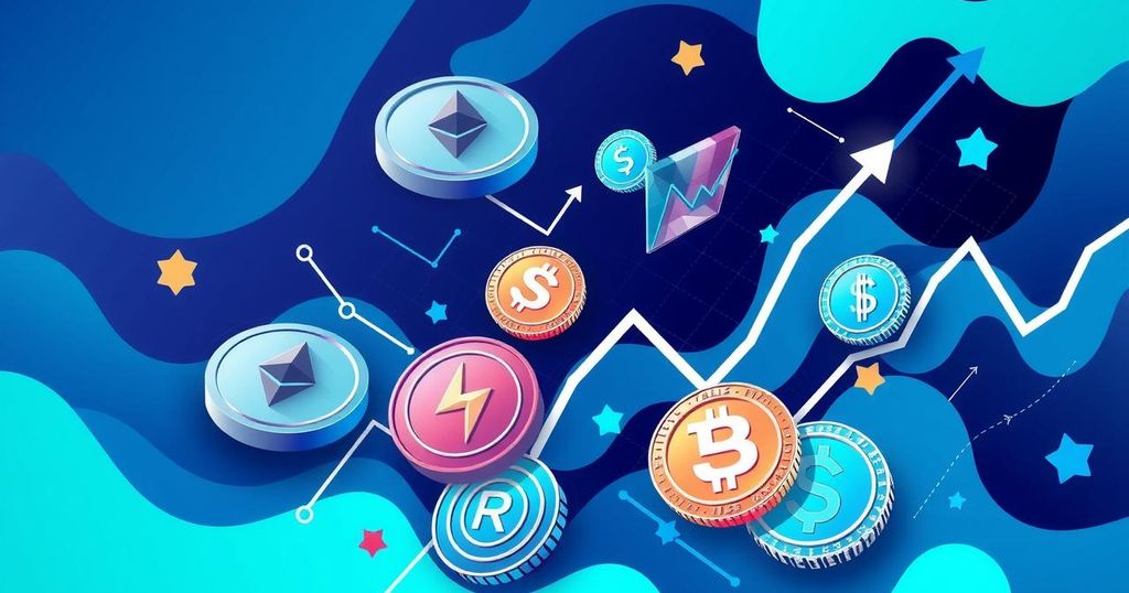 Vibrant digital representation of a volatile crypto market with coins, graphs, and abstract patterns in a dynamic blue colour scheme.