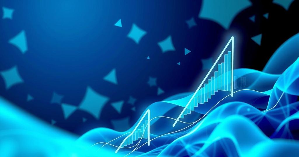A vibrant digital landscape showcasing Ethereum's rise, with abstract shapes symbolising finance and growth in cool tones.