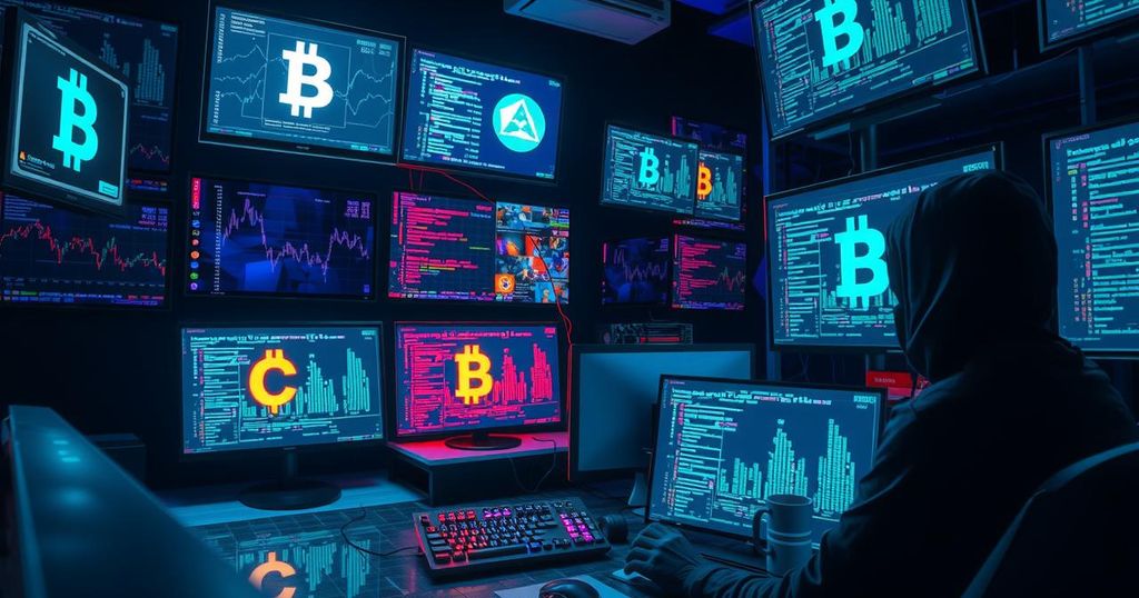 Digital illustration of a hacker's workspace with multiple screens displaying blockchain data and cryptocurrency symbols in dark tones.