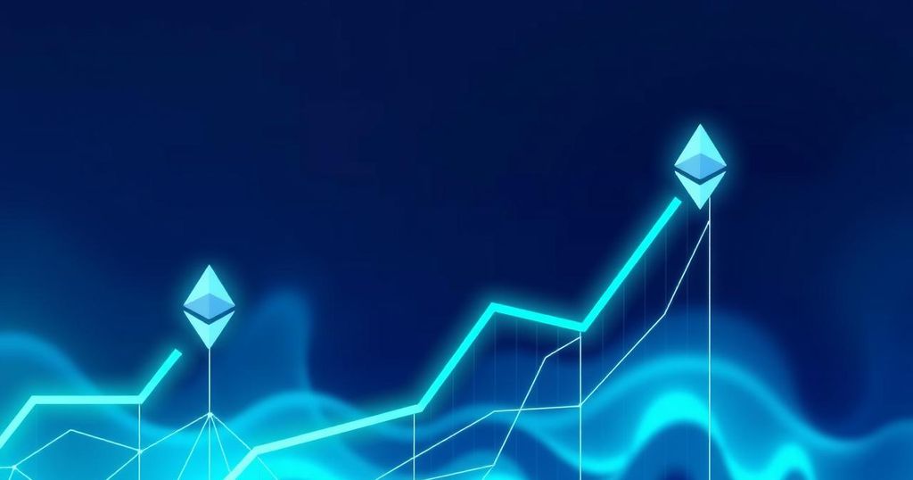 A dynamic crypto market chart with Ethereum logos and a rising price trend against a vibrant blue and green background.