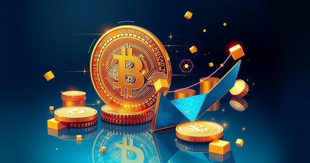 A vibrant digital artwork symbolising Bitcoin, featuring bold golden colours and energetic graphics showcasing growth and potential.