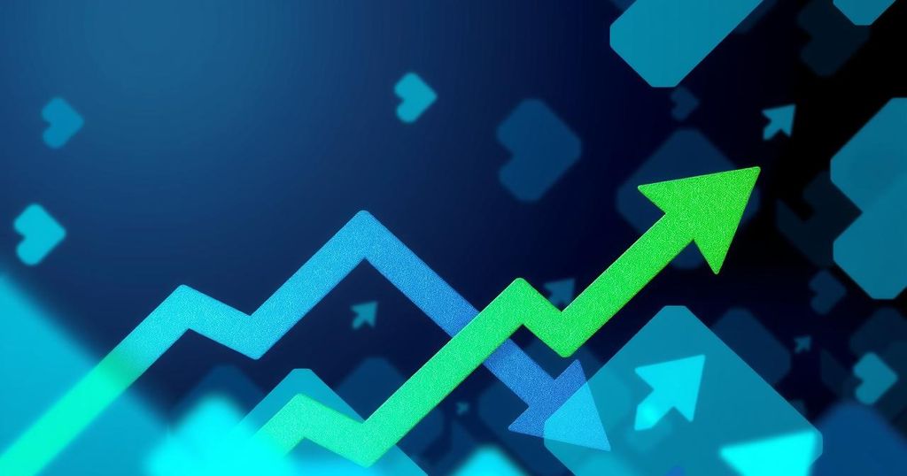 Abstract representation of stock market volatility with arrows indicating rises and falls, using bright blue and green colours.