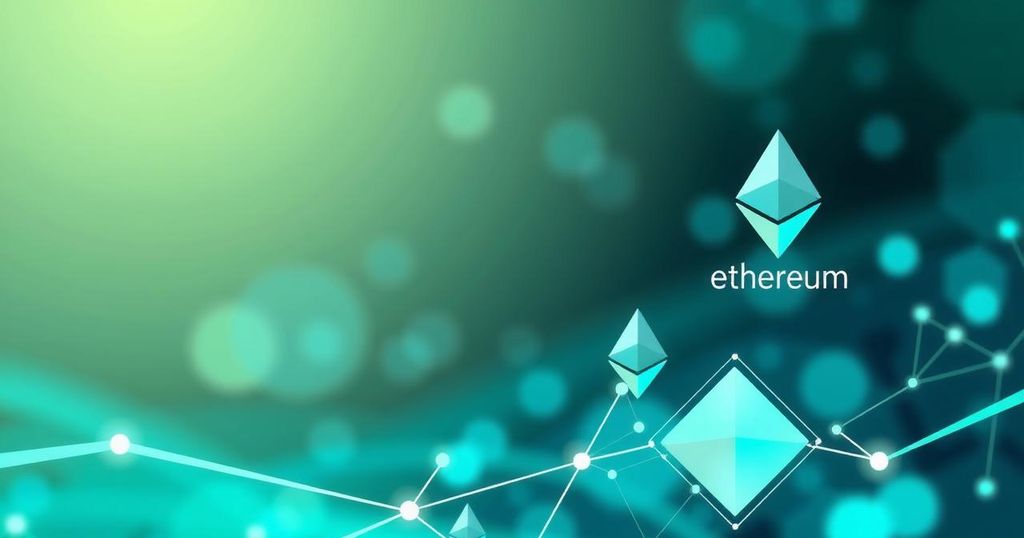 Graphical representation of Ethereum's growth with abstract blockchain symbols and green-toned digital patterns