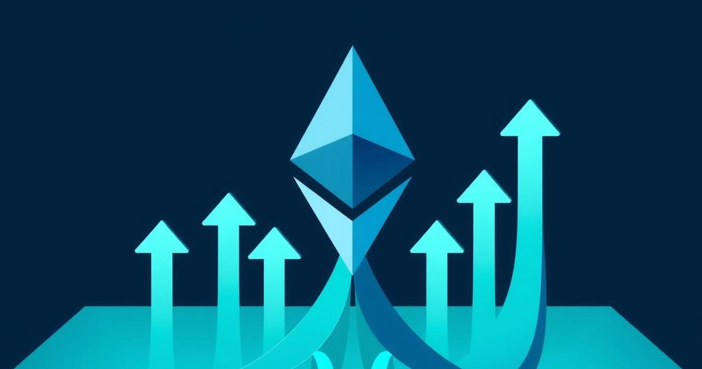 A digital illustration of Ethereum's logo with upward arrows, representing bullish market momentum and optimism.