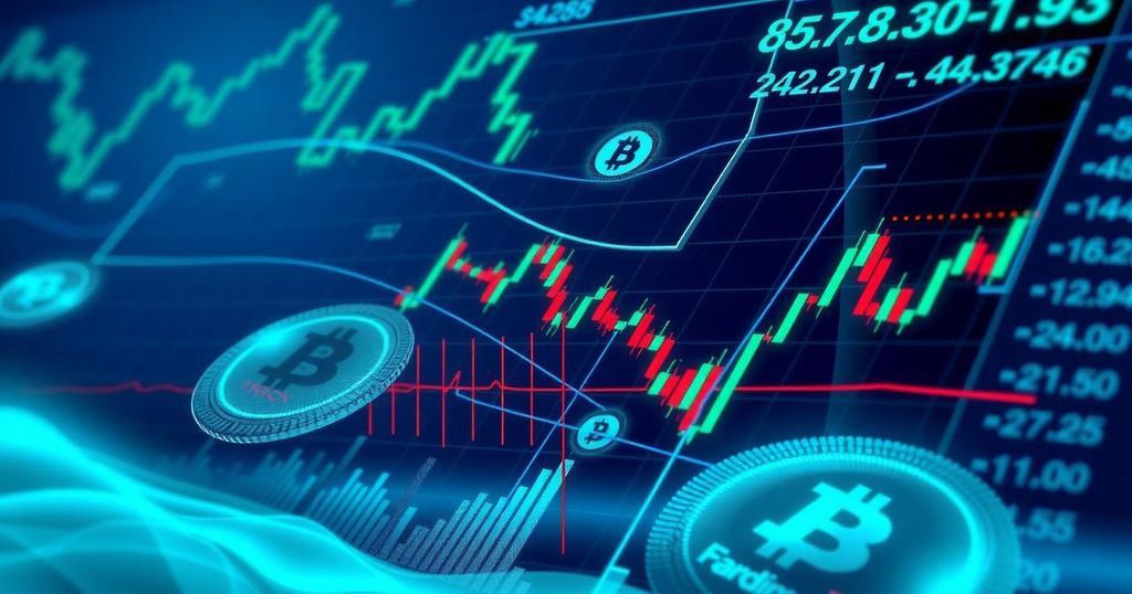 A sleek trading platform interface with cryptocurrency symbols and market data, blending modern digital art with blue and green hues.