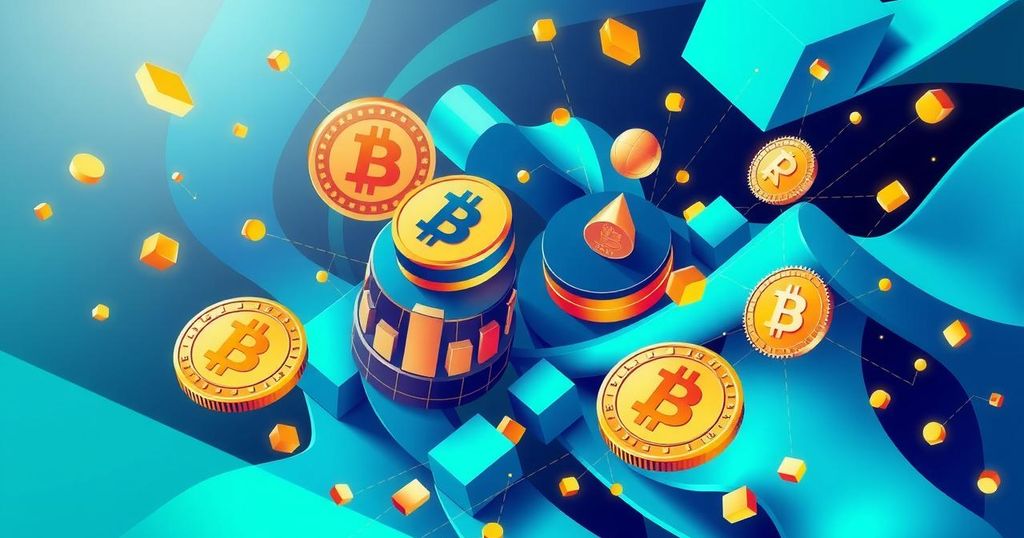 Abstract representation of cryptocurrencies with a focus on CAKE, featuring vibrant colours and geometric shapes.