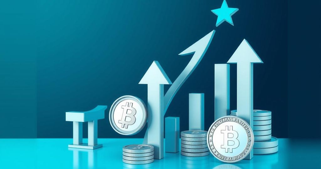 A symbolic representation of institutional finance and cryptocurrency with modern financial symbols and colours.
