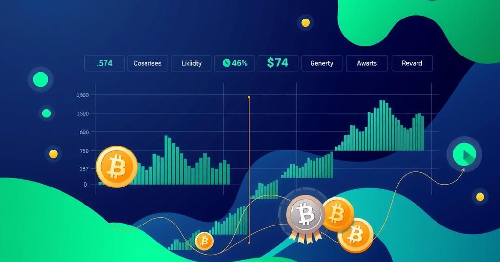 A digital representation of a cryptocurrency exchange platform, showcasing liquidity metrics and rewards in vibrant colours.