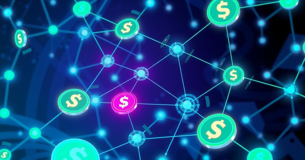 An artistic representation of interconnected blockchains with vibrant NIGHT tokens symbolising decentralised finance.
