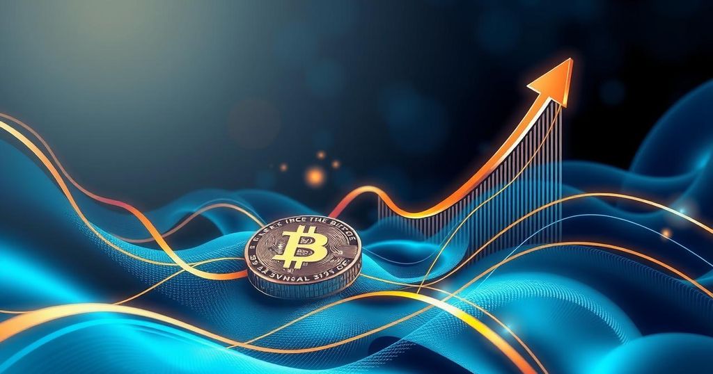 A vibrant digital representation of Bitcoin's upward movement surrounded by abstract financial elements in blue and gold tones.