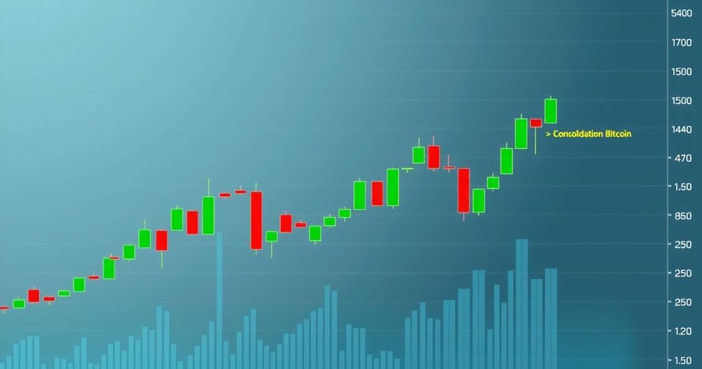 Graph showing Bitcoin price consolidation, with green and red candlesticks on a neutral background.