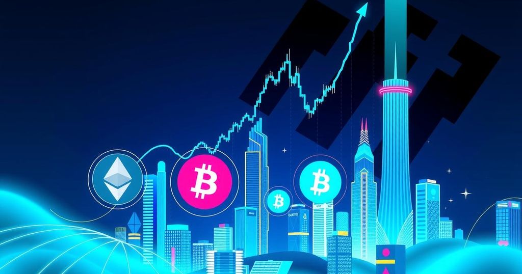 A vibrant digital artwork showcasing soaring cryptocurrency symbols and market charts in a techno-inspired style.
