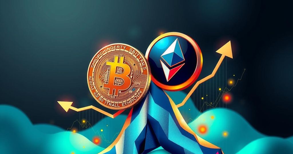 Vibrant abstract representation of rising cryptocurrencies with Bitcoin and Ethereum symbols, using a dynamic colour scheme.