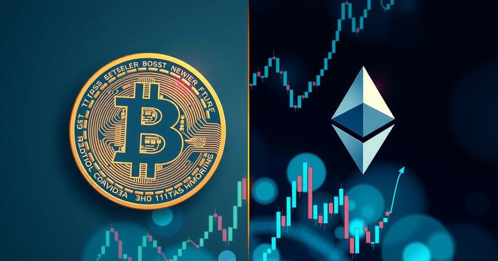 A digital artwork illustrating a split economy, with contrasting symbols of Bitcoin and Ethereum amidst abstract economic graphs.