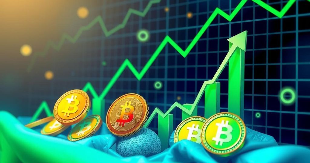 A vibrant digital art depicting cryptocurrency gains, featuring rising graphs and pixelated coin symbols in bright colours.