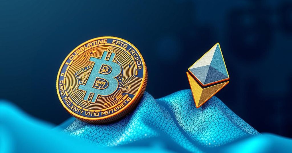 A digital artwork illustrating cryptocurrency ETFs with abstract representations of Bitcoin and Ethereum symbols.