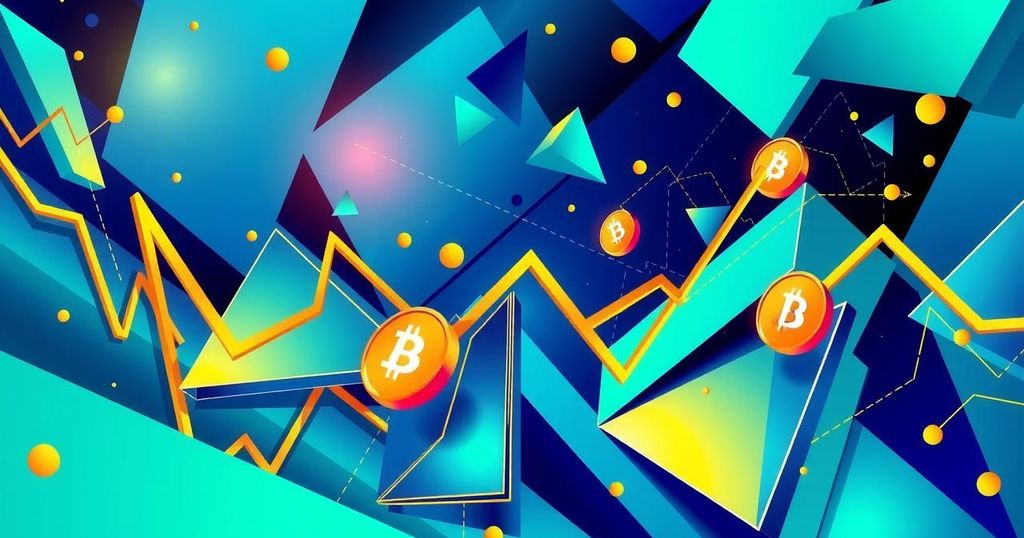 Abstract representation of cryptocurrency trading with vibrant colours and geometric shapes illustrating volatility and gains.