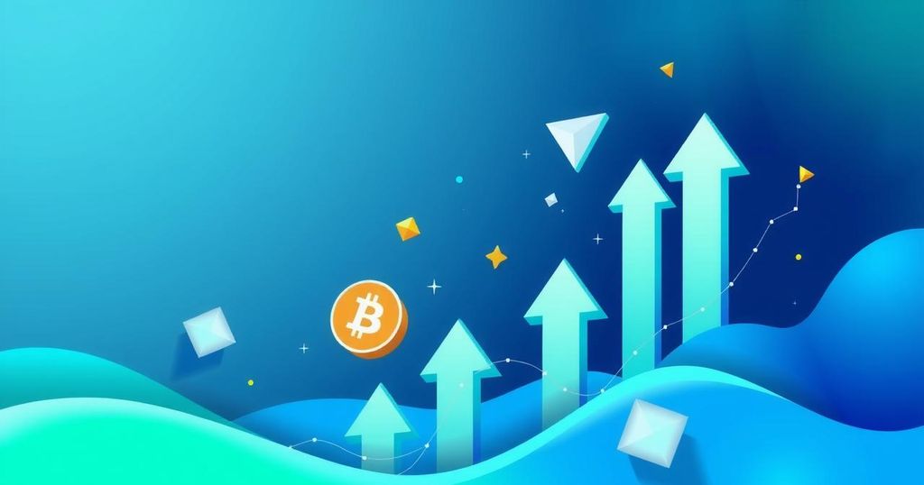 Abstract digital representation of cryptocurrency market trends with arrows and indicators in green and blue shades.
