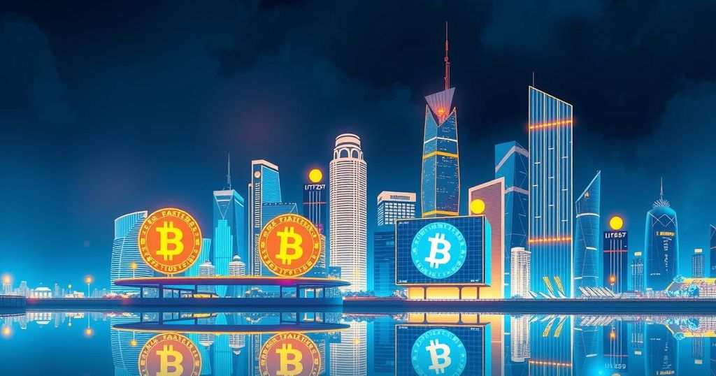 A futuristic city skyline with digital currency symbols, featuring vibrant blue and gold tones in a modern design.