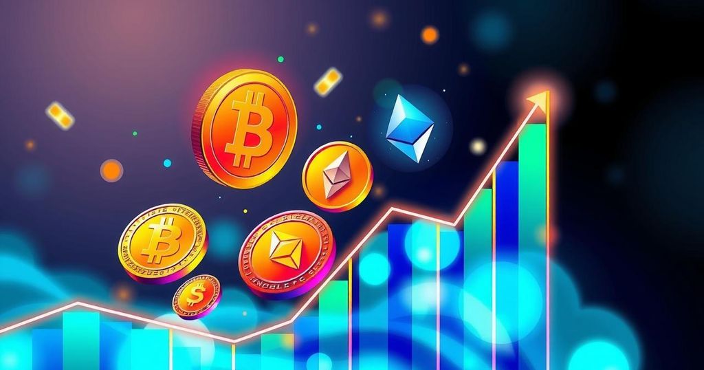 A vibrant cryptocurrency market graph showing rising trends for Bitcoin and Ethereum with colourful digital coins.