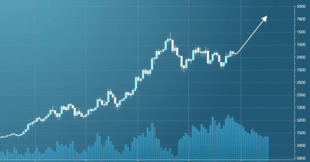 A stylized financial chart showcasing a price trend, emphasizing resistance and weakness in trading volume.