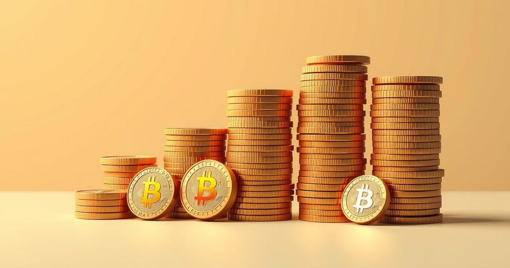 A digital representation of Bitcoin coins accumulating over time, in a minimalistic style with warm colour tones.