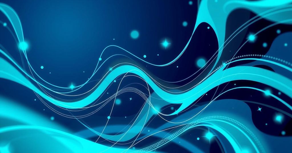 Vibrant abstract representation of a quantum computing theme with dynamic shapes and a cool colour palette.